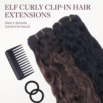 Medium Brown Highlighted Golden Blonde (5E/22I) Elf Curly Clip-in Hair Extensions (120-150g)