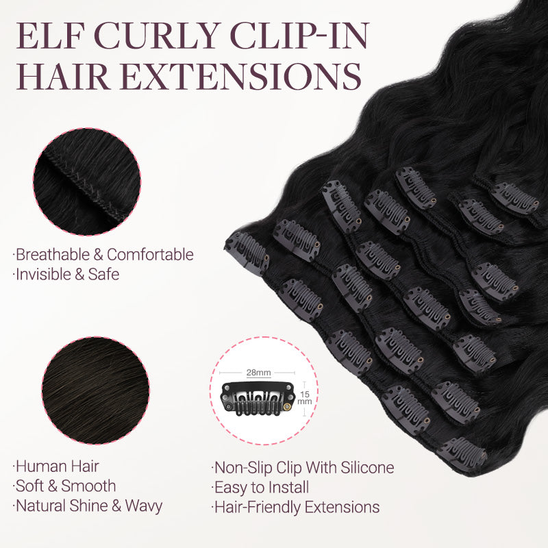 Medium Brown Highlighted Golden Blonde (5E/22I) Elf Curly Clip-in Hair Extensions (120-150g)
