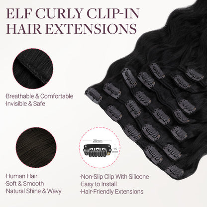 Medium Brown Highlighted Golden Blonde (5E/22I) Elf Curly Clip-in Hair Extensions (120-150g)