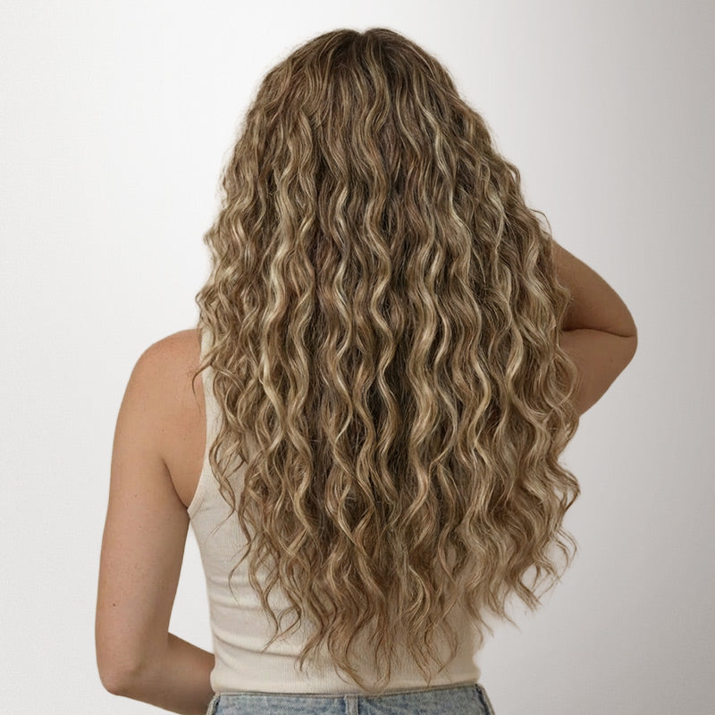 Medium Brown Highlighted Golden Blonde (5E/22I) Elf Curly Clip-in Hair Extensions (120-150g)