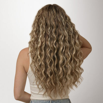 Medium Brown Highlighted Golden Blonde (5E/22I) Elf Curly Clip-in Hair Extensions (120-150g)
