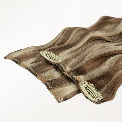 Medium Brown Highlighted Golden Blonde (5E/22I) Elf Curly Clip-in Hair Extensions (120-150g)