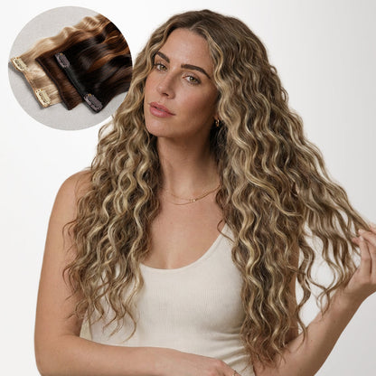 Medium Brown Highlighted Golden Blonde (5E/22I) Elf Curly Clip-in Hair Extensions (120-150g)